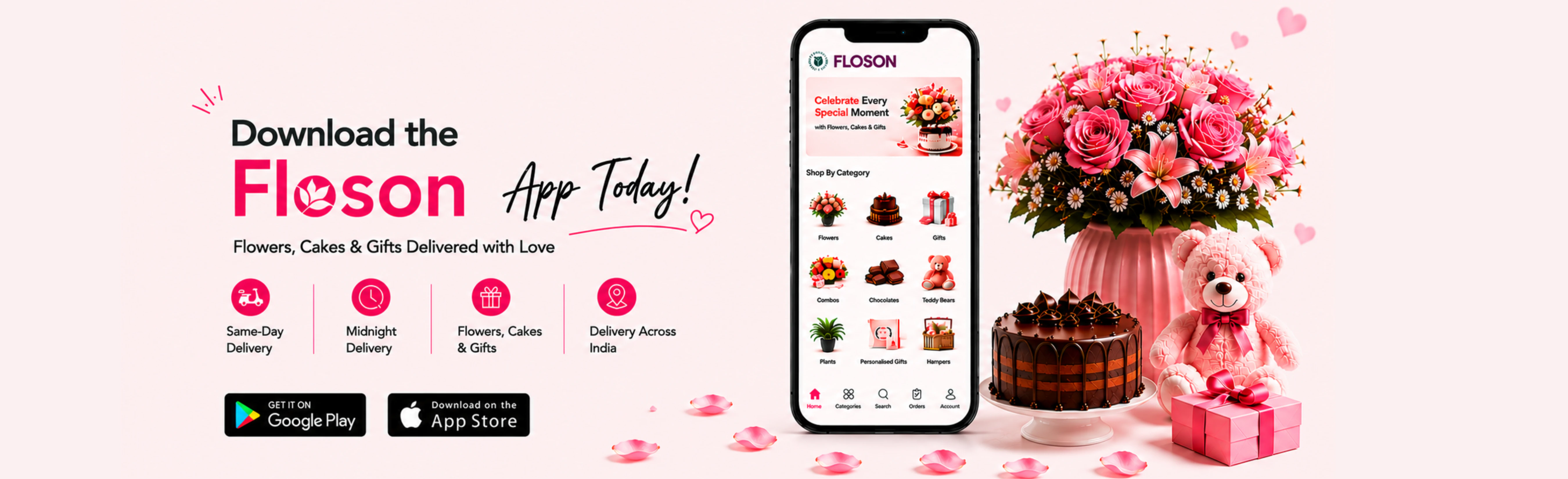 Download Floson App – Online Flower, Cake & Gift Delivery Across India Download Floson app banner featuring online flower delivery, cake delivery, gifts, chocolates, teddy bears, same-day delivery, midnight delivery, and nationwide gifting services across India.