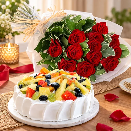 12 Red Roses with Fruit Cake 12 Red Roses with Fruit Cake