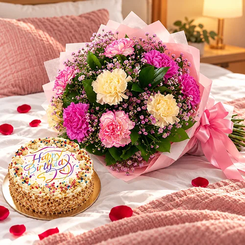 12 carnations with cake 12 carnations with cake