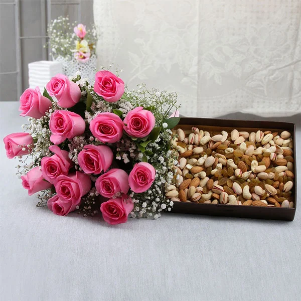 15 Pink Roses With Dry Fruits 15 Pink Roses With Dry Fruits