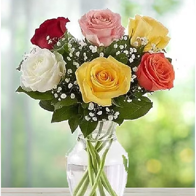 6 Mix Roses In Vase