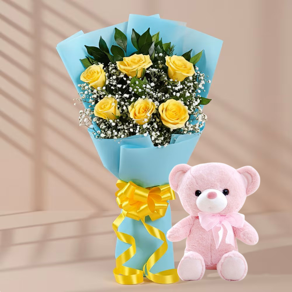Sunny Delight Yellow Roses Bouquet with Teddy