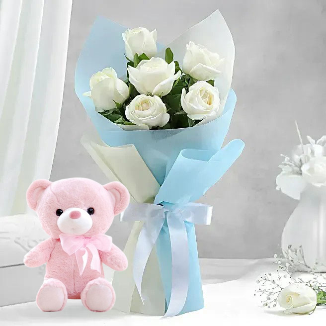 Elegant White Roses Bouquet with Teddy