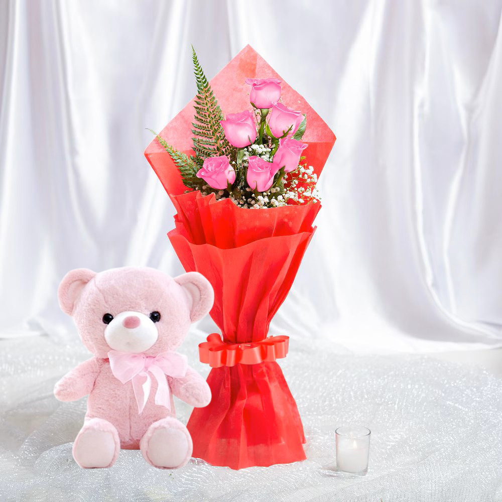 Lovely Pink Roses Bouquet with Teddy
