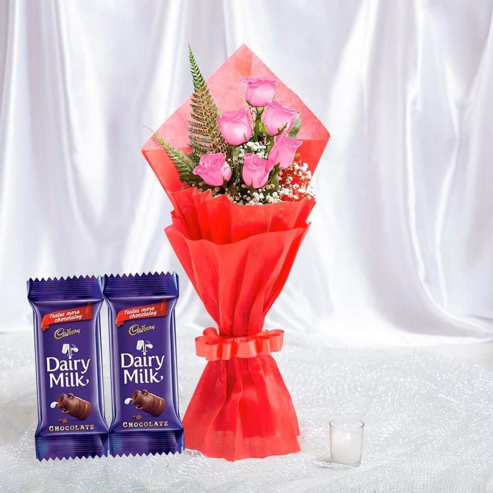 Sweet Pink Roses & Dairy Milk Delight Bouquet