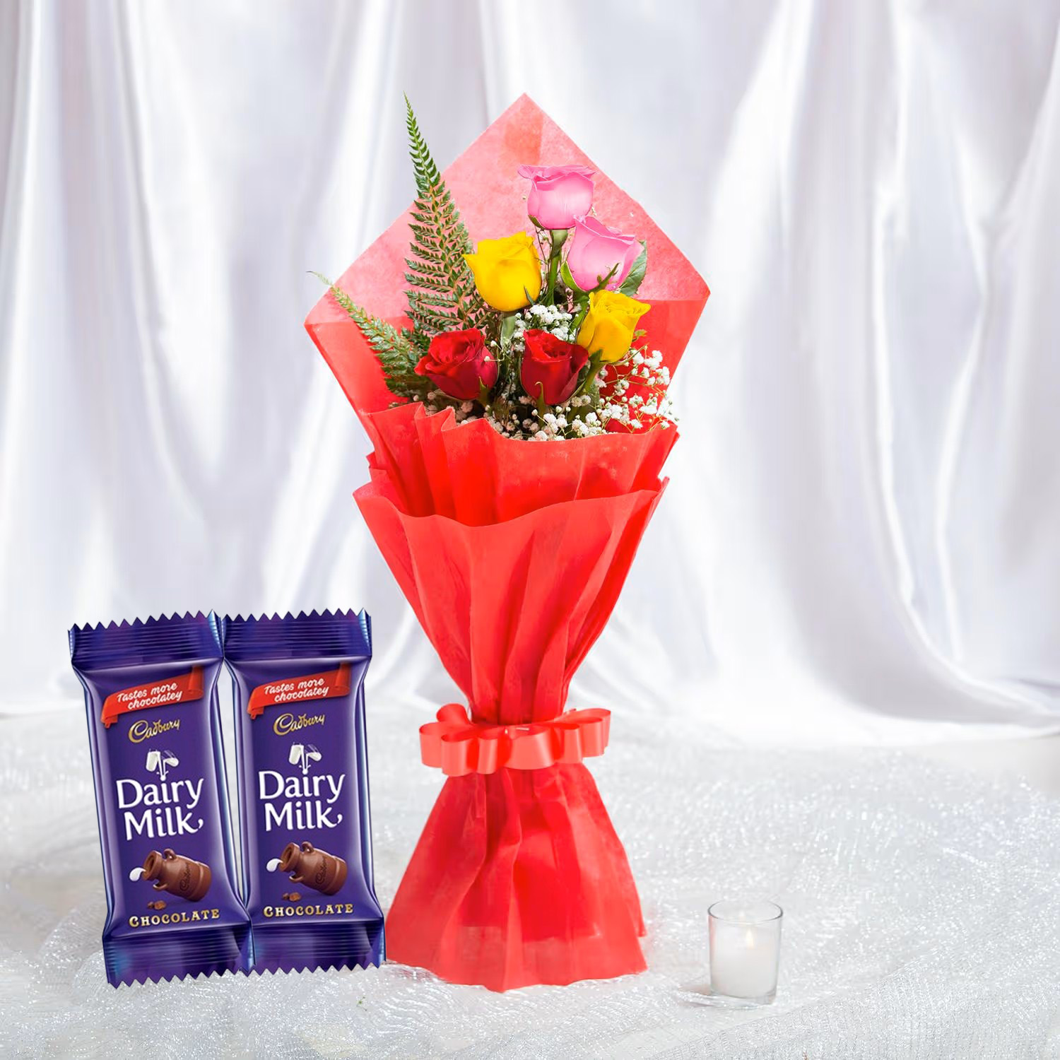 Colorful Mixed Roses & Dairy Milk Delight Bouquet