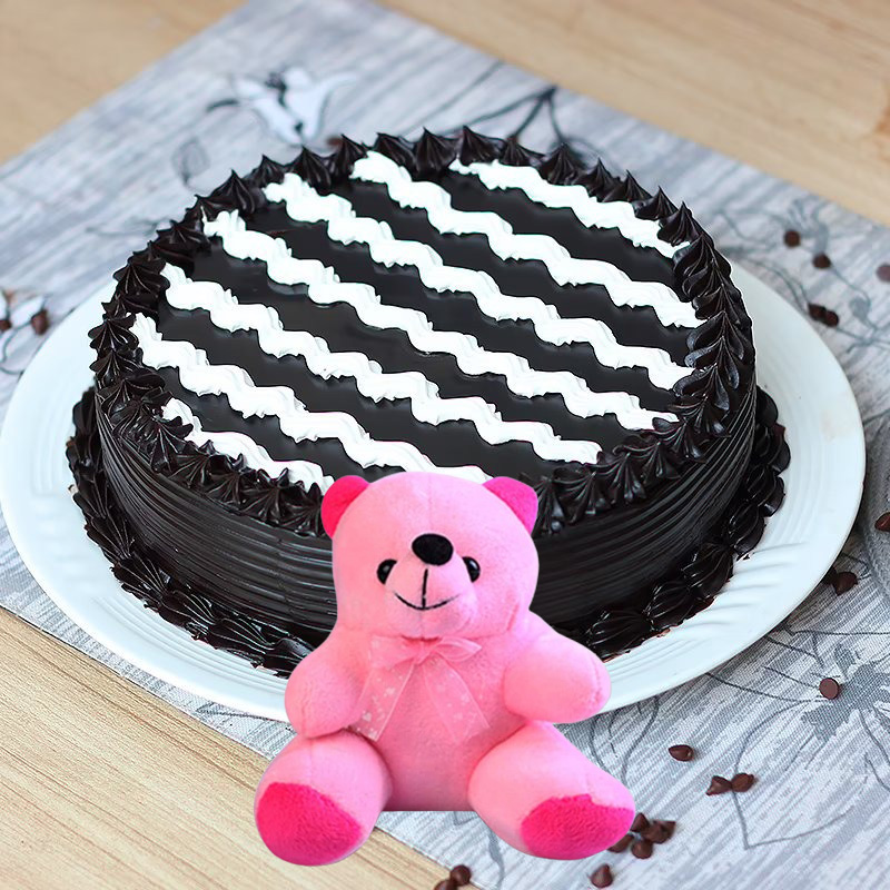Chocolate Delight Cake with Pink Teddy Chocolate Delight Cake with Pink Teddy
