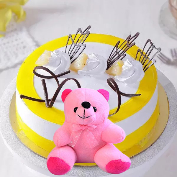 Pineapple Bliss Cake with Pink Teddy