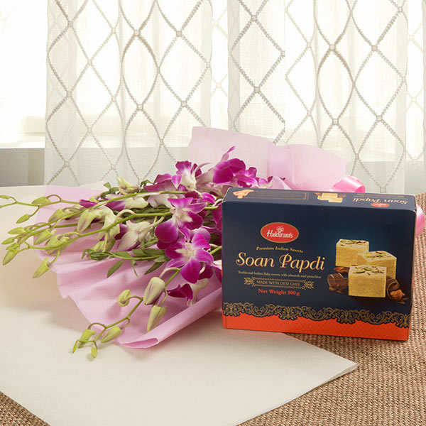 Purple Orchids & Soan Papdi Delight Purple Orchids & Soan Papdi Delight