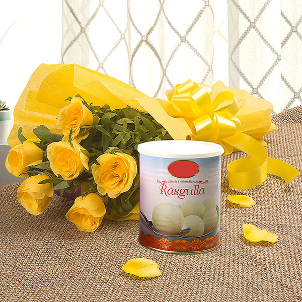 Yellow Roses & Rasgulla Sweet Combo