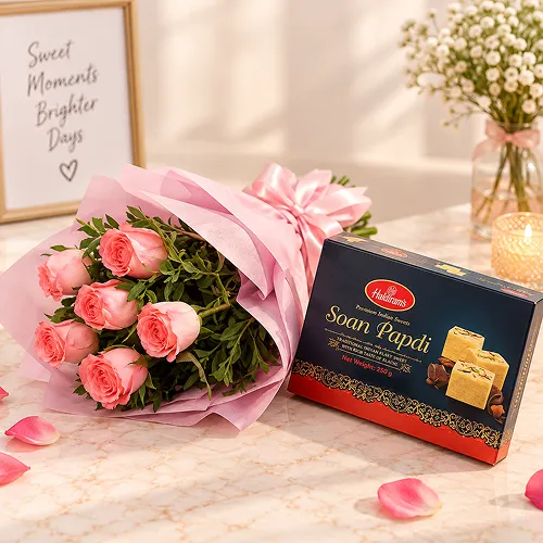 Sweet Delight – Pink Roses & Soan Papdi Combo