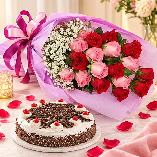 20 Roses with Eggless BlackForest Cake 20 Roses with Eggless BlackForest Cake