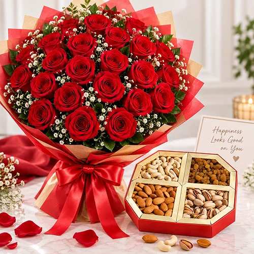 25 Red Roses Bouquet With Assorted Dryfruits Box 25 Red Roses Bouquet With Assorted Dryfruits Box