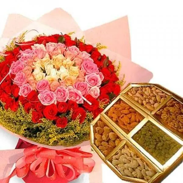 50 Mix Roses Bouquet N Assorted Dryfruits 50 Mix Roses Bouquet N Assorted Dryfruits