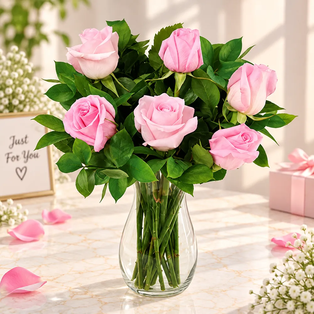 6 Pink Roses in Vase