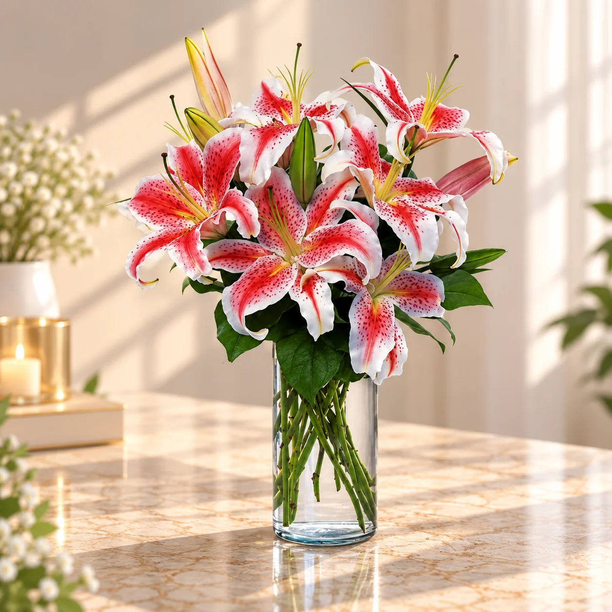 8 Pink Lilies vase