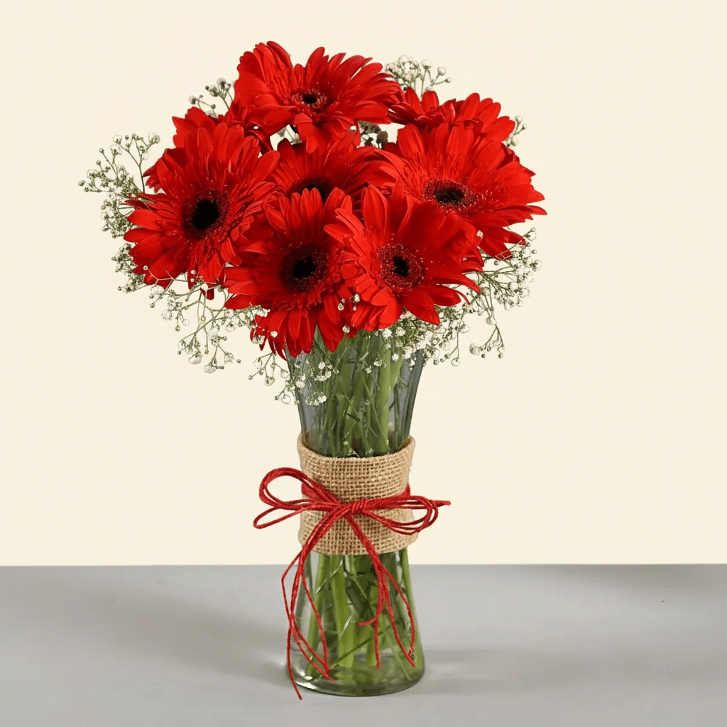 8 Red Gerberas in Glass Vase