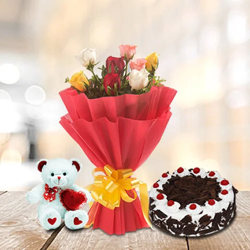 8 mix roses with cake and teddy 8 mix roses with cake and teddy
