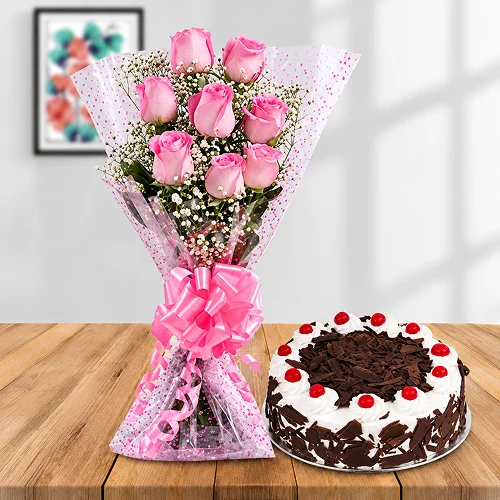8 pink roses and cake 8 pink roses and cake