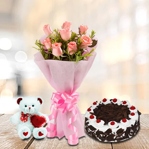 8 pink roses with cake and teddy 8 pink roses with cake and teddy