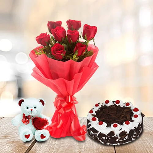 8 red roses with cake and teddy 8 red roses with cake and teddy