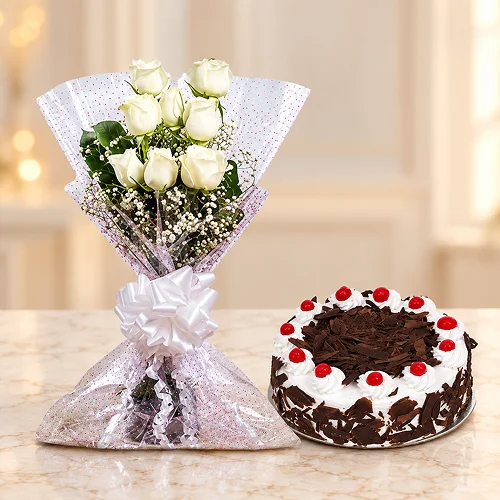 8 white roses and cake 8 white roses and cake