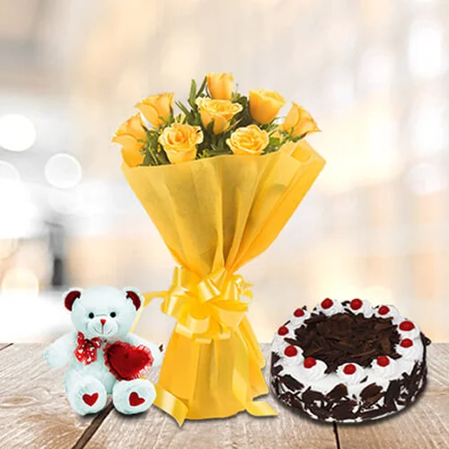 8 yellow roses with cake and teddy 8 yellow roses with cake and teddy