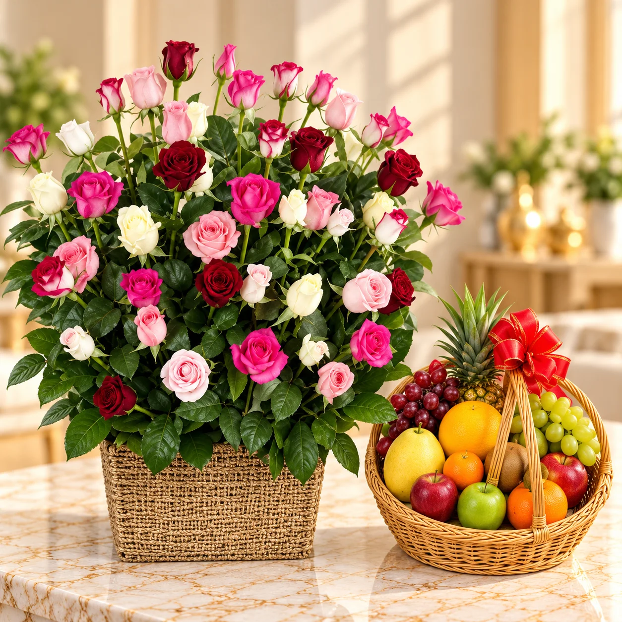 Basket of Mix Roses & Fruit Basket Basket of Mix Roses & Fruit Basket