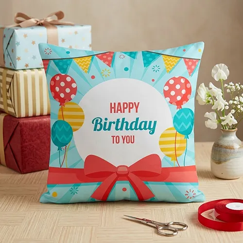 Beautiful Birthday Banner with Flying Happy Birthday Balloons Print Cushion