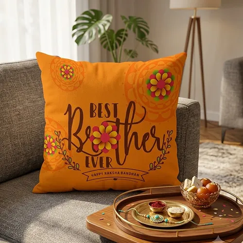 Best Brother Ever Quote Printed Satin Cushion Cover, Orange