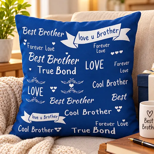 Best Brother Love you Brother Quote Printed Satin Cushion Cover, Blue