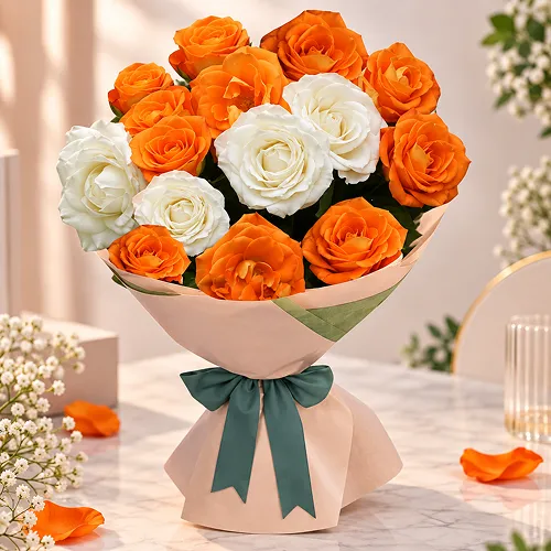 Bunch of 15 White and Orange Roses