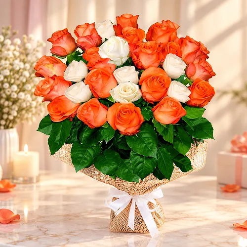 Bunch of 30 white and orange roses