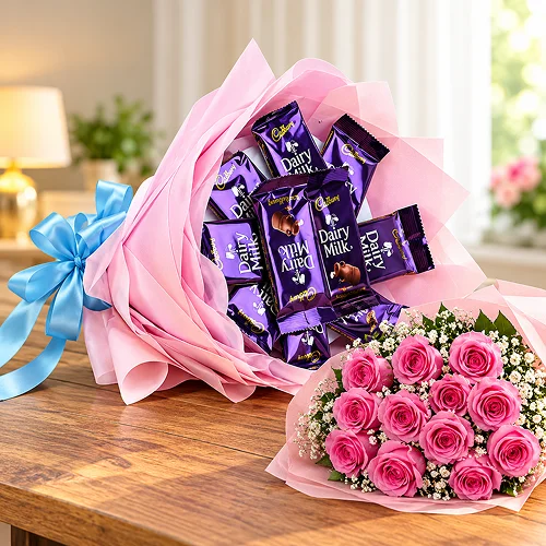 Cadbury Dairy Milk Chocolate Bouquet with pink roses Cadbury Dairy Milk Chocolate Bouquet with pink roses