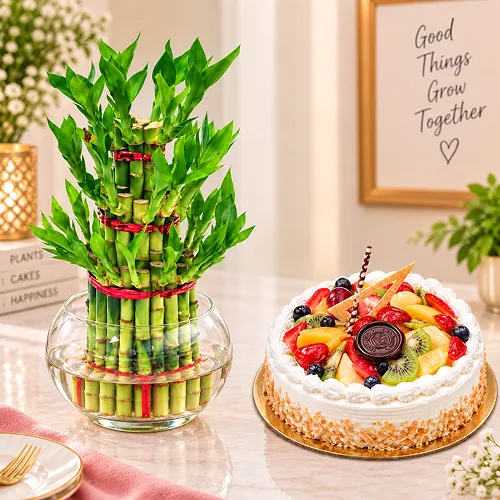 Cake with Surprise Bamboo Plant Gift