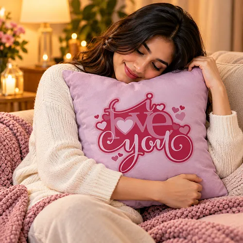 Calligraphy Fashion Text I Love you Printed Satin Cushion Cover, Pink