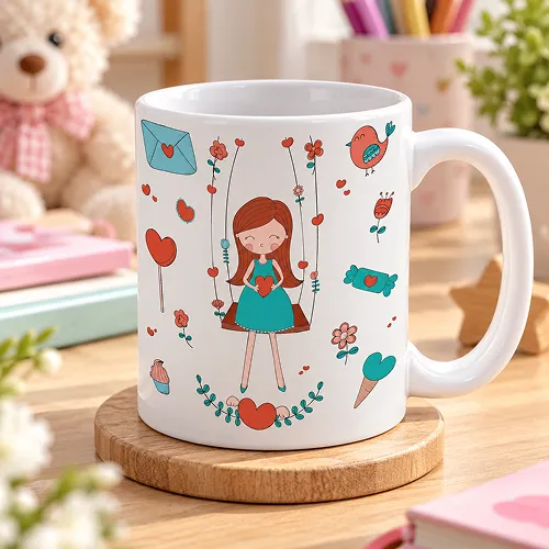 Cartoon Girl on Swirl Printed Ceramic Mug Cartoon Girl on Swirl Printed Ceramic Mug