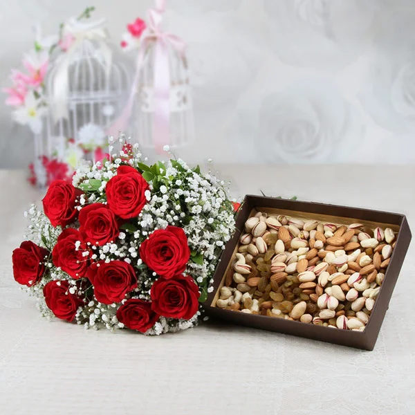 Charming Red Roses & Mixed Dryfruits Box Charming Red Roses & Mixed Dryfruits Box