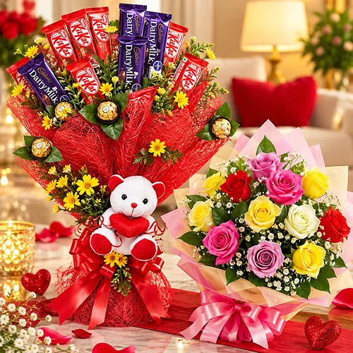 Chocolate Bouquet with Teddy and mixed roses Chocolate Bouquet with Teddy and mixed roses