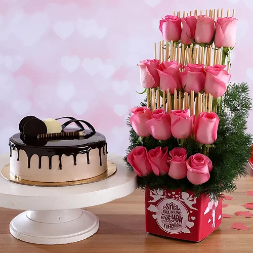 Chocolate Cake & Fall In Love Pink Roses Combo Chocolate Cake & Fall In Love Pink Roses Combo