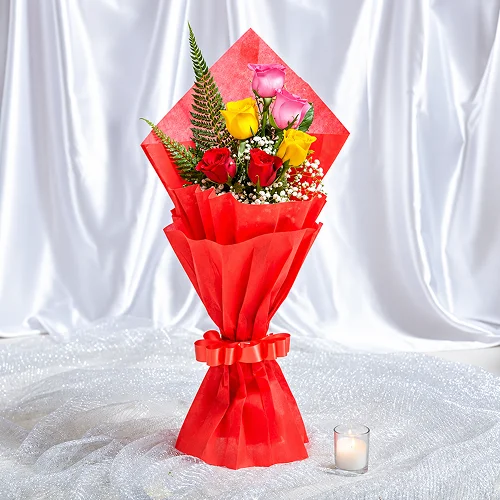 Colorful Mixed Roses & Dairy Milk Delight Bouquet_A