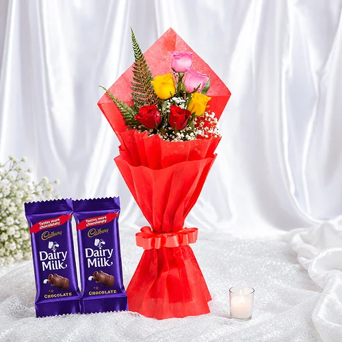 Colorful Mixed Roses & Dairy Milk Delight Bouquet