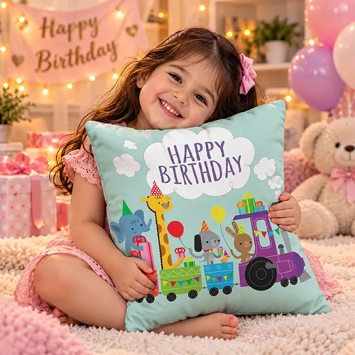 Cute Cartoons Celebrating Your Happy Birthday Print Satin Cushion Cover, Light Blue