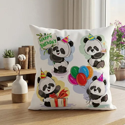 Cute Little Panda Celebrating Birthday Printed Satin Cushion Cover