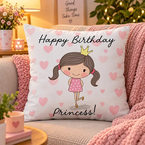 Cute Princess illustrator with Happy Birthday Princess Text Cushion Cover. Pink