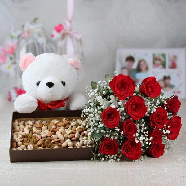 Dry Fruits With Roses And Teddy Dry Fruits With Roses And Teddy