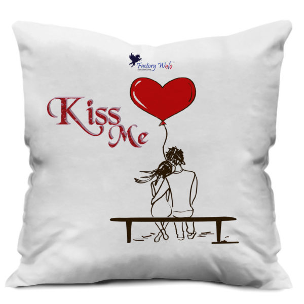 Romanic Couple Sitting on Bench Kiss Me Text Print Satin Cushion Cover. White