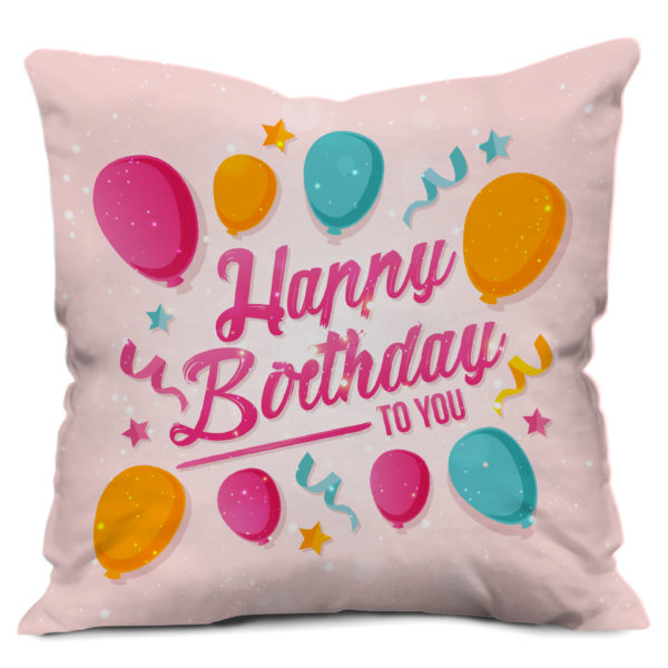 Happy Birthday Text with Flying Balloons Printed Satin Cushion Cover, Pink