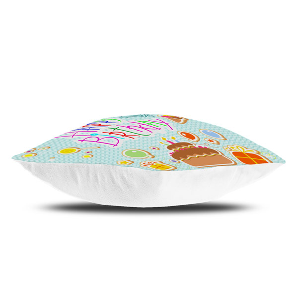 illustrator Cake with Flying Balloons Happy Birthday Print Satin Cushion