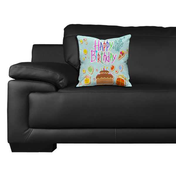 illustrator Cake with Flying Balloons Happy Birthday Print Satin Cushion